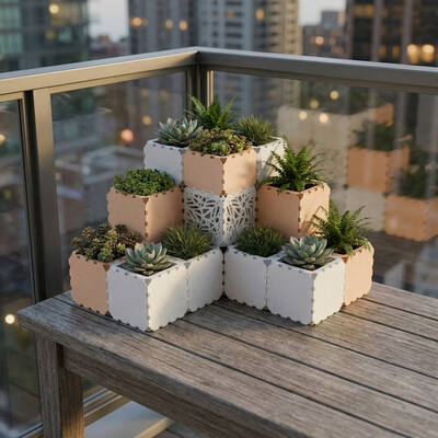 White and beige Cubik table garden set with succulents on a balcony