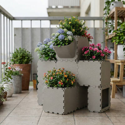 Grey Cubik balcony planters stacked with hydrangeas and azaleas