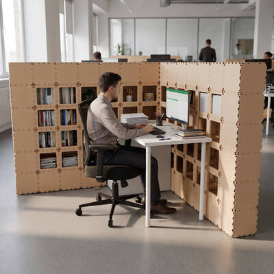 Beige Cubik L-1 booth, person working at a white desk