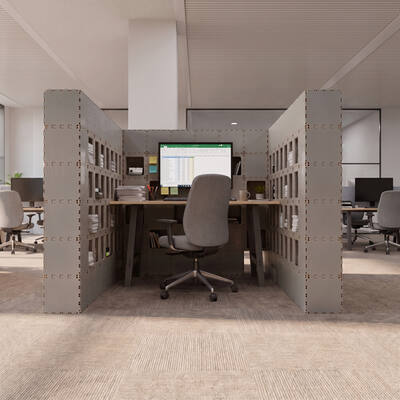 Grey Cubik H-2 booth, empty desk facing an open office