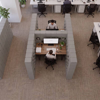 Grey Cubik H-2 double workstation, top view of two facing desks