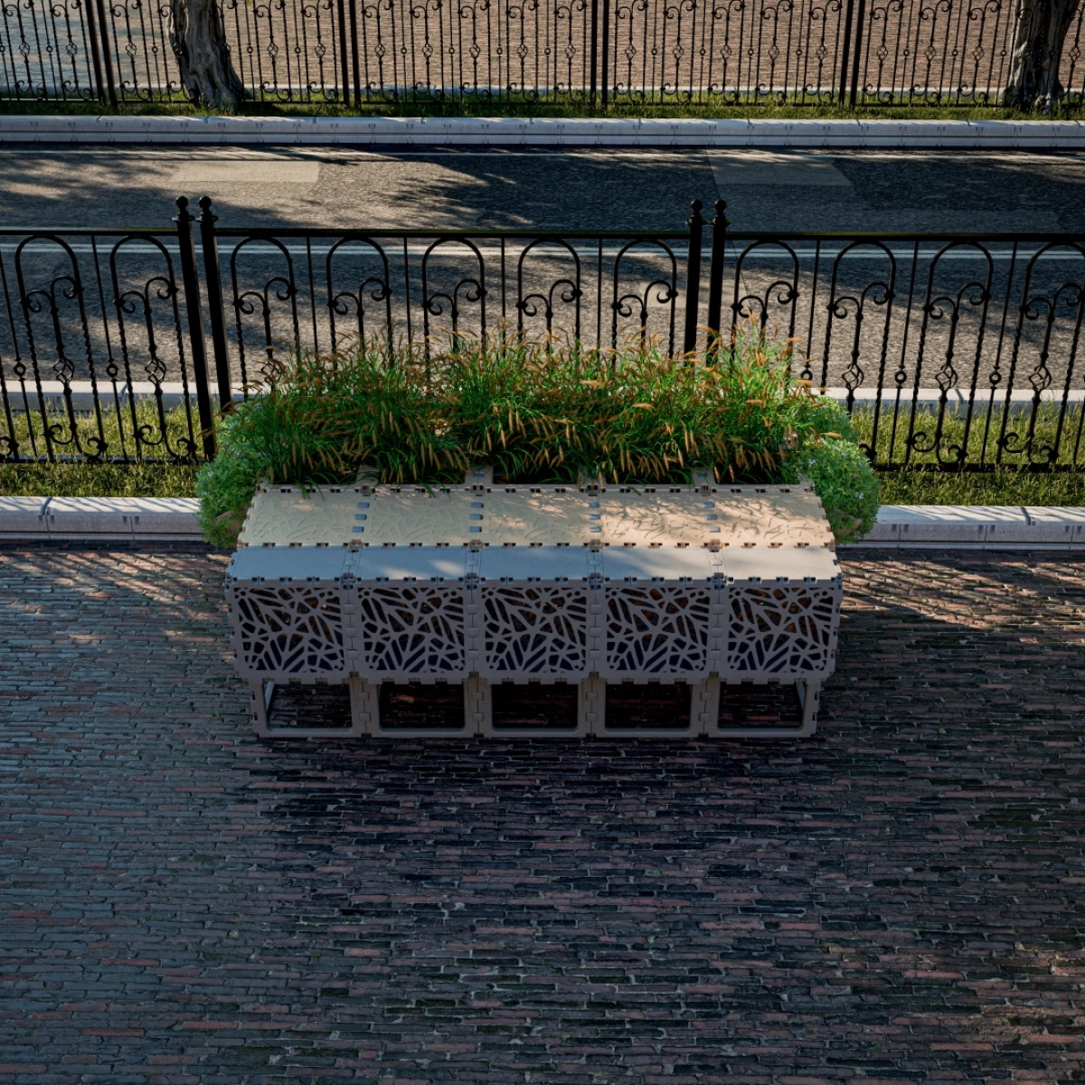 Cubik urban bench with planters, front view