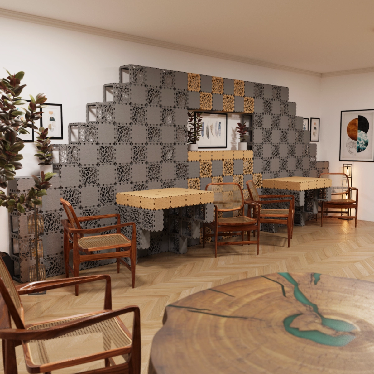 Modułowa ścianka kawiarniana ze zintegrowanymi stolikami