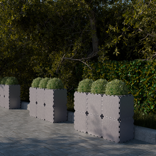 Grey Cubik linear planters with round shrubs along a path