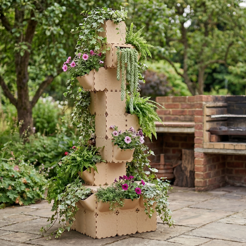 Grey Cubik column planter stacked with greenery
