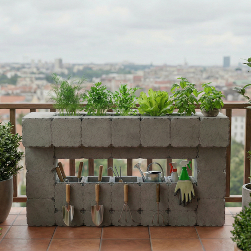 Grey Cubik balcony planter with tool storage and herbs