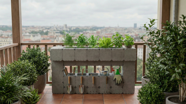 Sadzarka ogrodowa na balkon ze zintegrowanym schowkiem na narzędzia