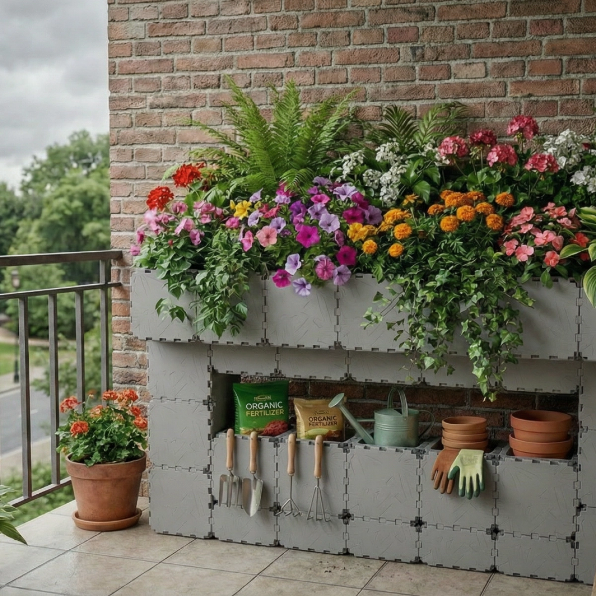 Grey Cubik balcony planter with integrated tool storage