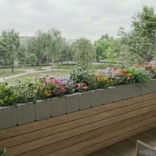 Grey Cubik balcony border planter with flowers along a railing