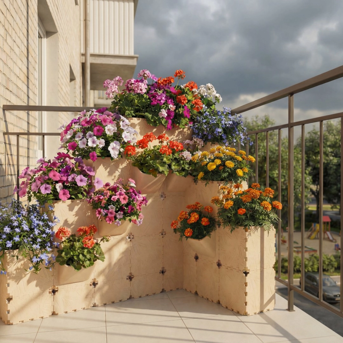 Narożna piramidalna donica balkonowa z kieszeniami Flora