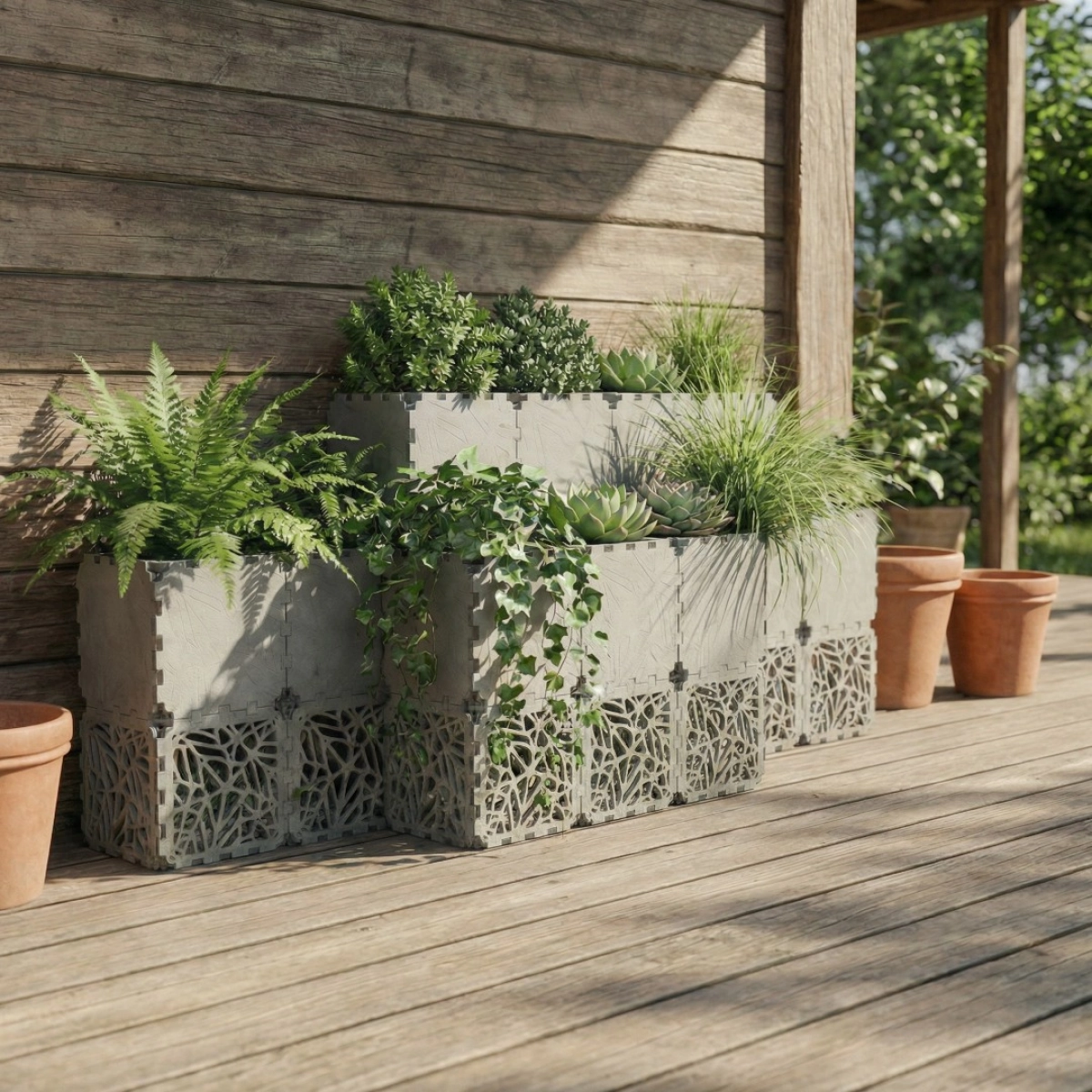 Grey Cubik layered grid planter on a wooden deck, planted with ferns and succulents