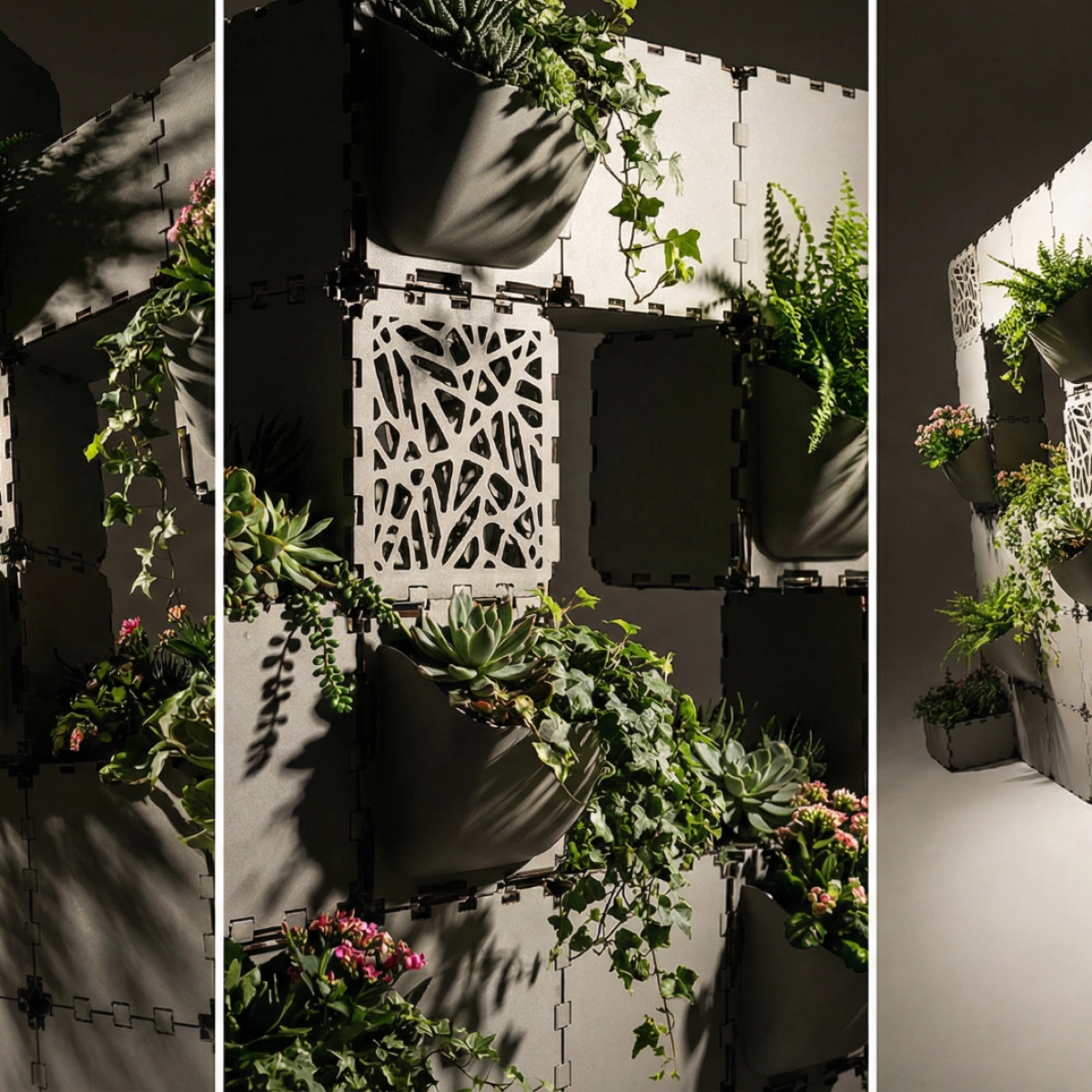 Grey Cubik modular green wall planter, close-up and side views