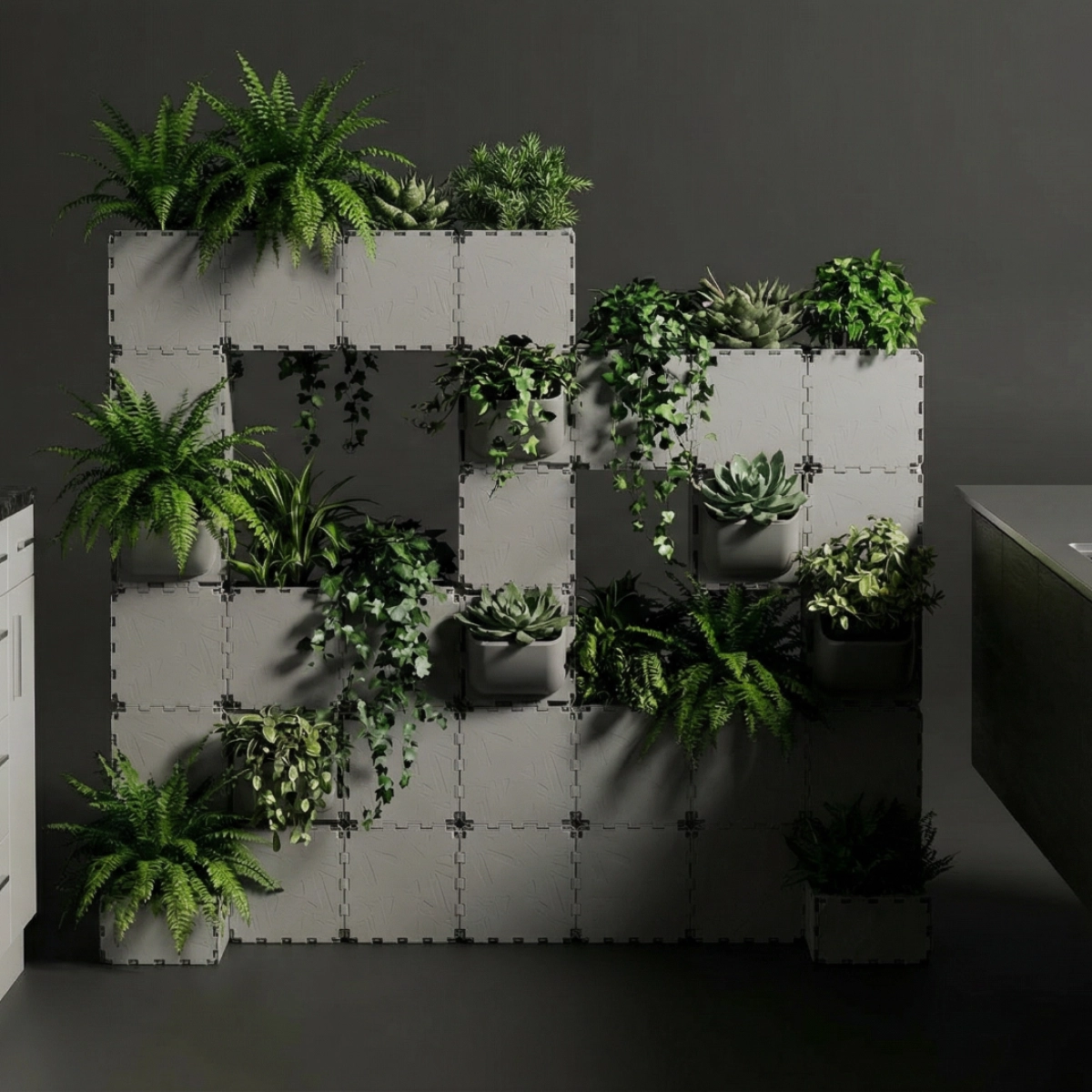 Grey Cubik modular green wall planter in a kitchen