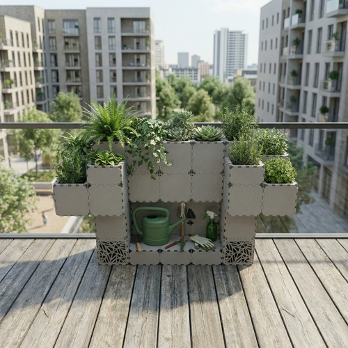 Grey Cubik balcony garden station with a tool niche