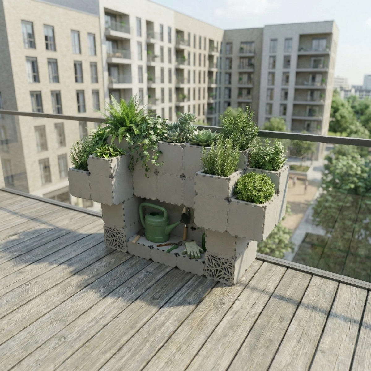 Grey Cubik balcony garden station, side view