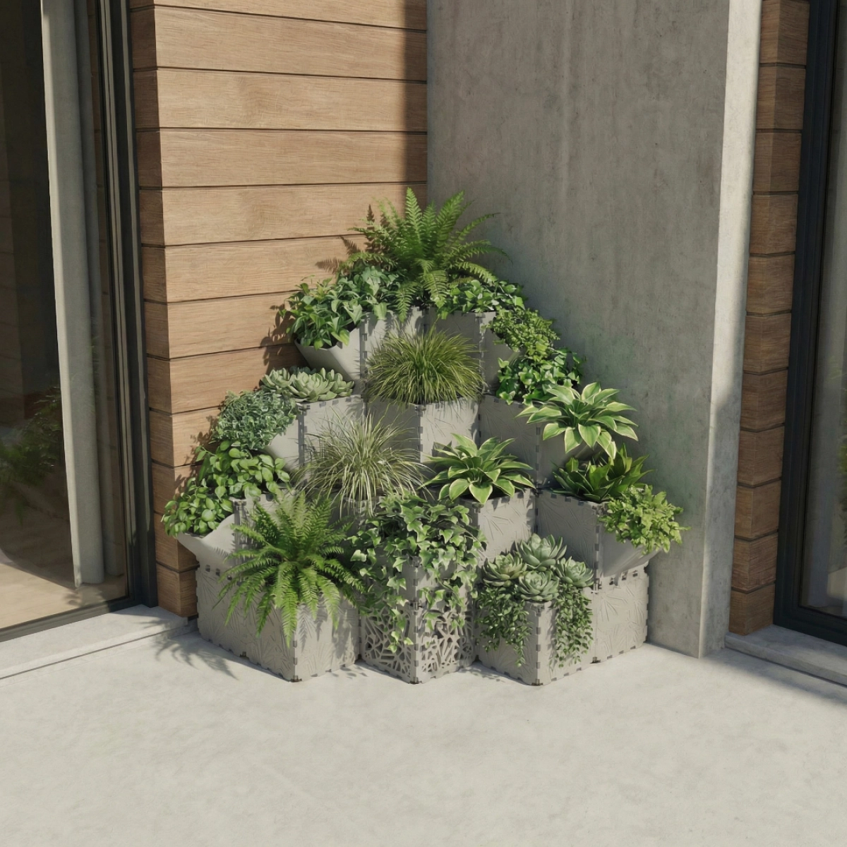 Grey Cubik corner pyramid planter against a building facade