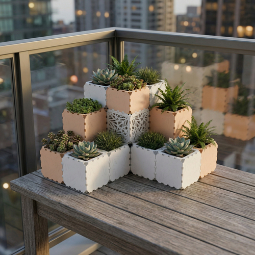 White and beige Cubik table garden set with succulents on a balcony