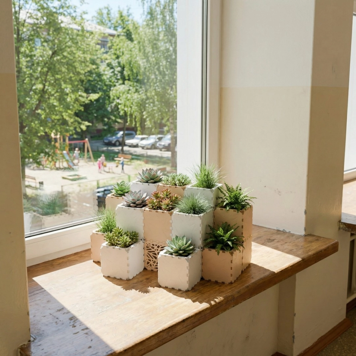 White and beige Cubik succulent planters on a wooden windowsill