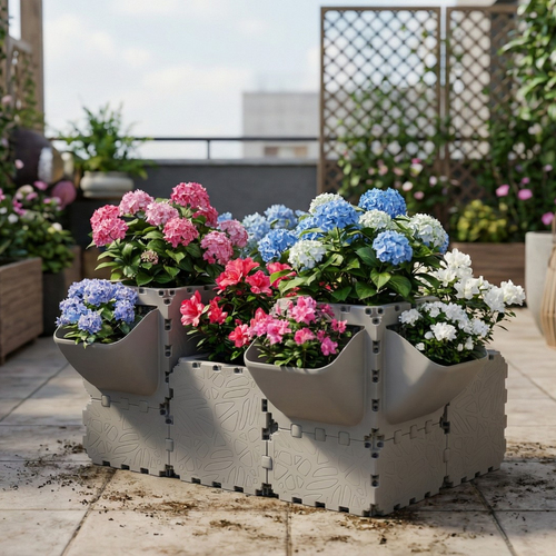 Grey Cubik balcony garden set with hydrangeas and azaleas