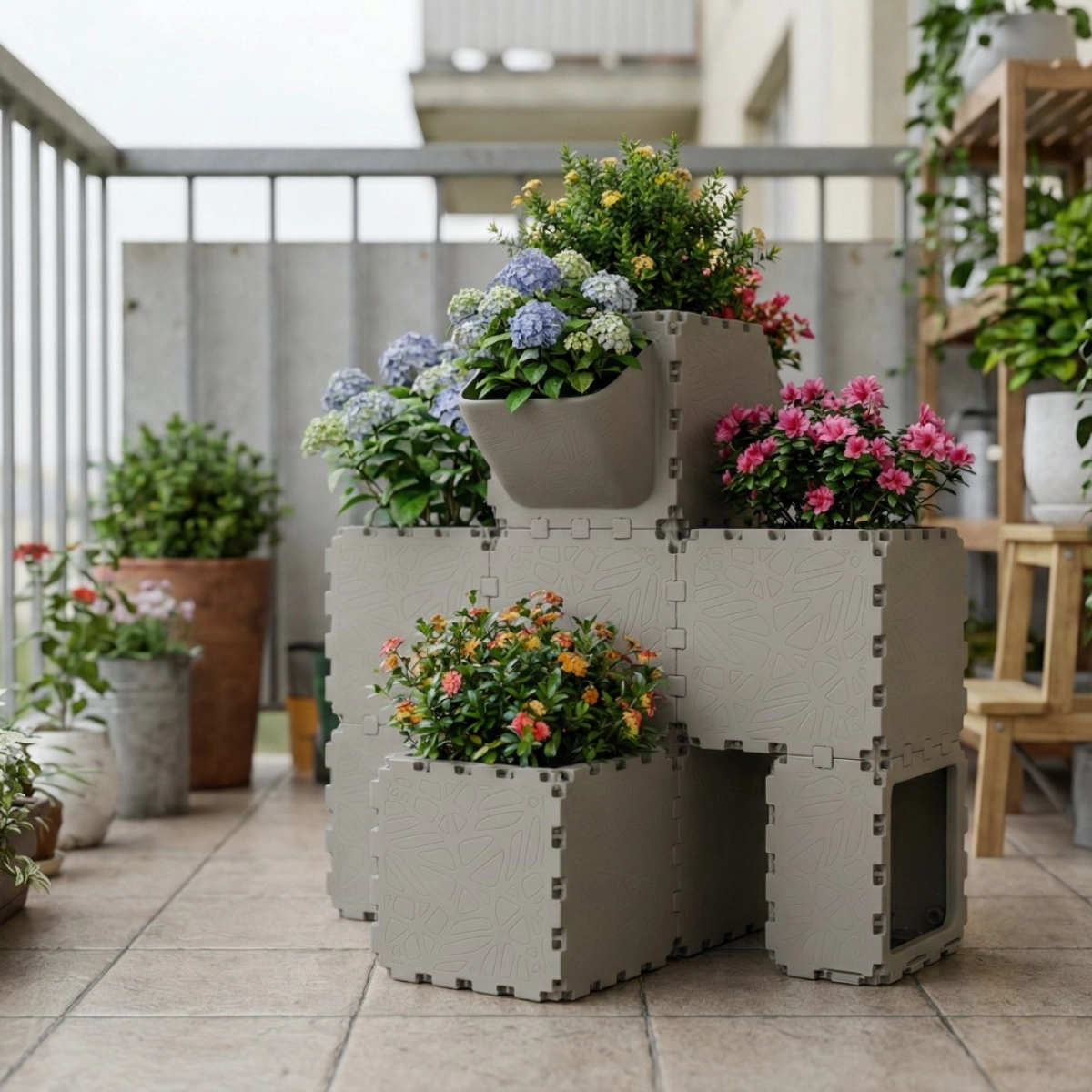 Grey Cubik balcony planters stacked with hydrangeas and azaleas