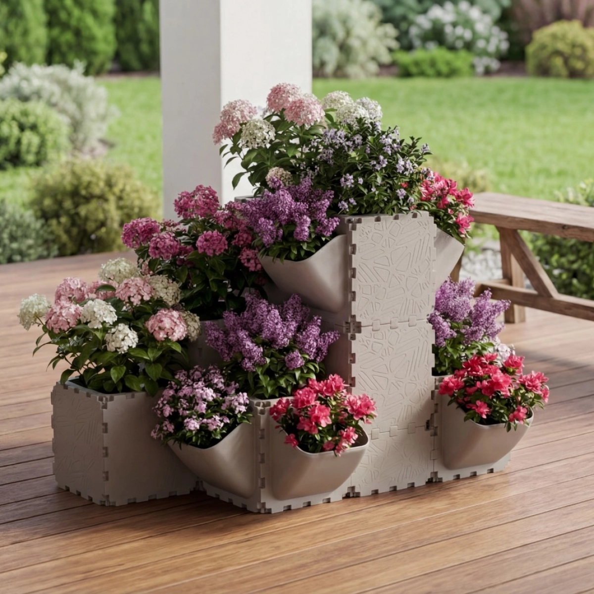 Grey Cubik balcony garden set with hydrangeas, lilacs and azaleas
