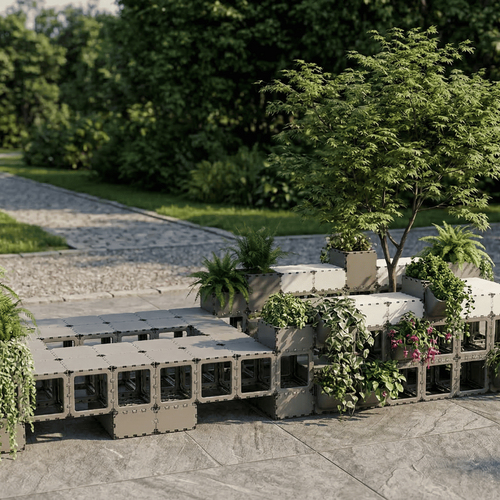 Cubik seating area with planters, angled view on a terrace