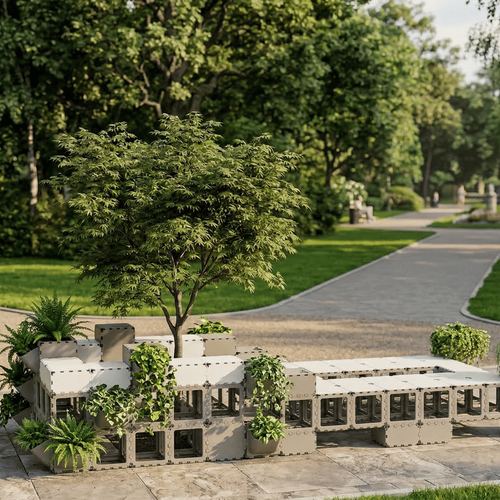 Cubik seating area with planters, tree and bench along a park path