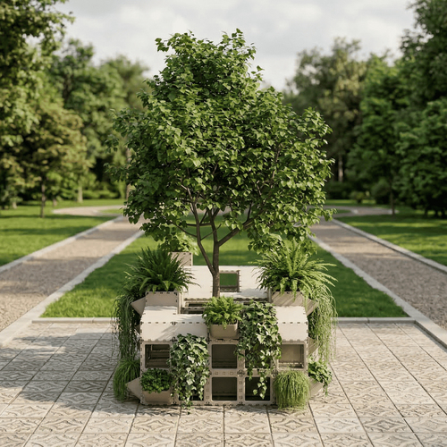 Cubik seating area with planters and a tree on a park path
