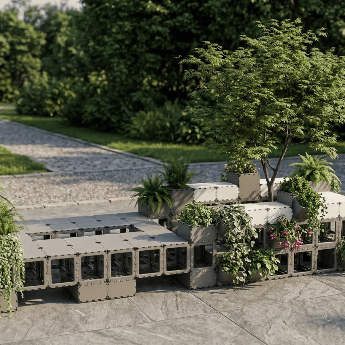 Cubik seating area with planters, angled view on a terrace