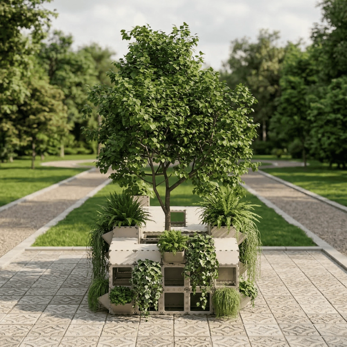 Cubik seating area with planters and a tree on a park path