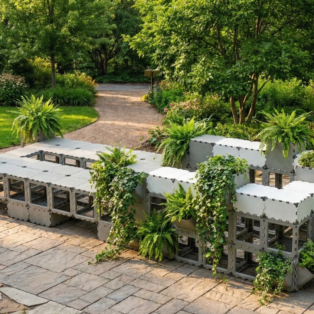 Cubik Seating area with planters with plants, additional view