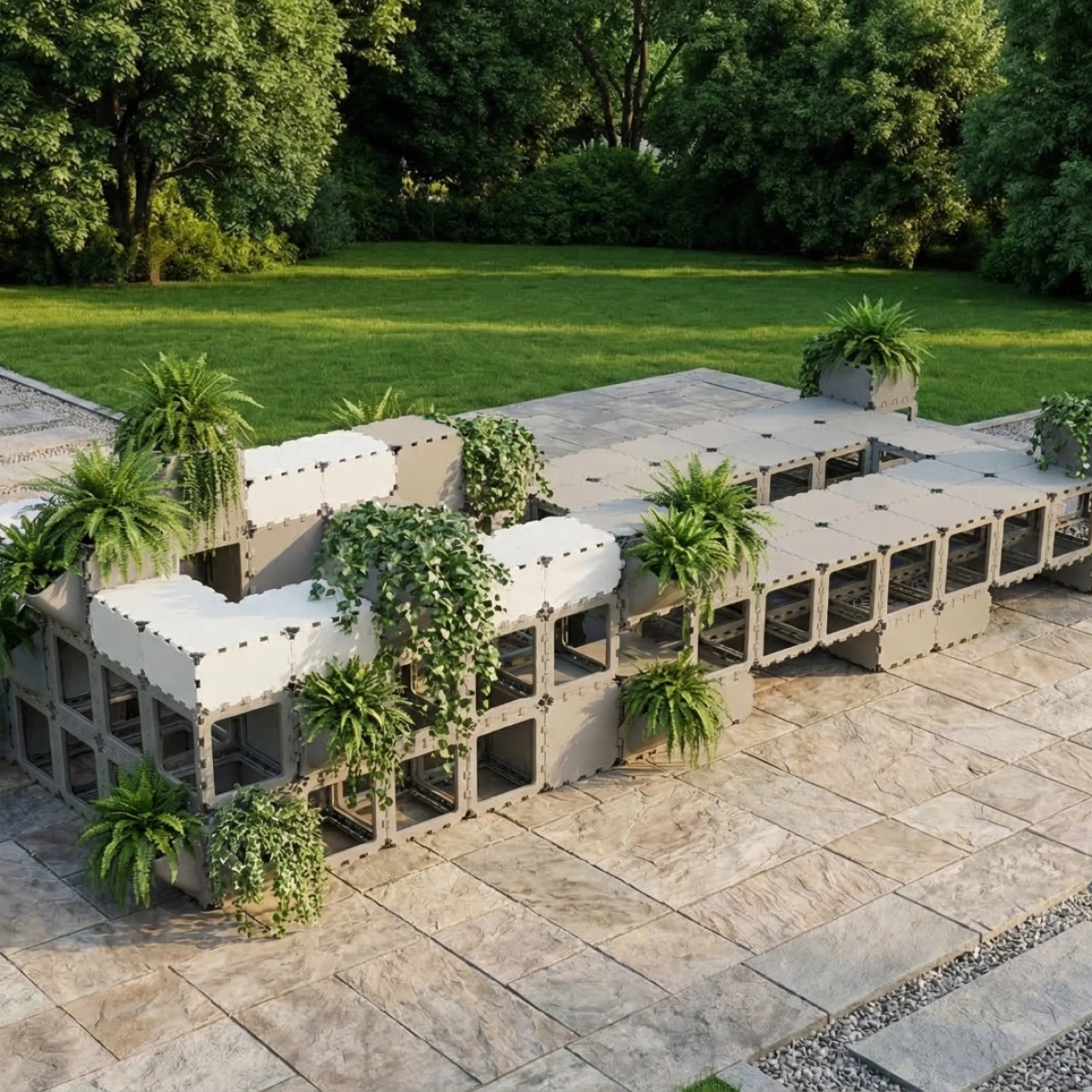 Cubik Seating area with planters with plants, additional view