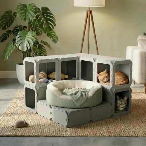Cubik Modular Cat House with Double-Level Tunnel for indoor cats