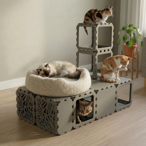 Cubik Modular Cat House with Tunnel and BION Windows, lattice faces for indoor cats