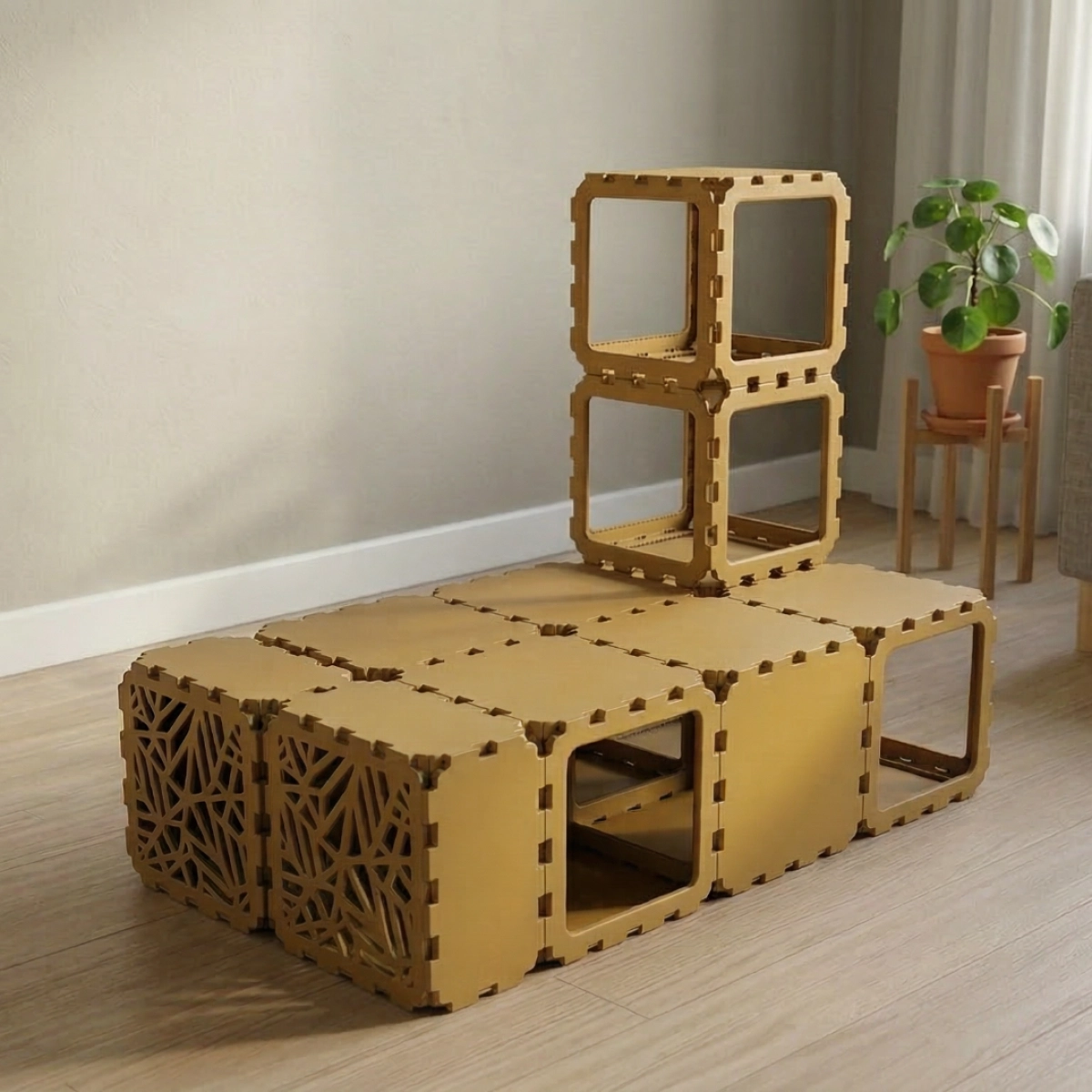 Cubik Modular Cat House with Tunnel and BION Windows, lattice faces for indoor cats, additional view
