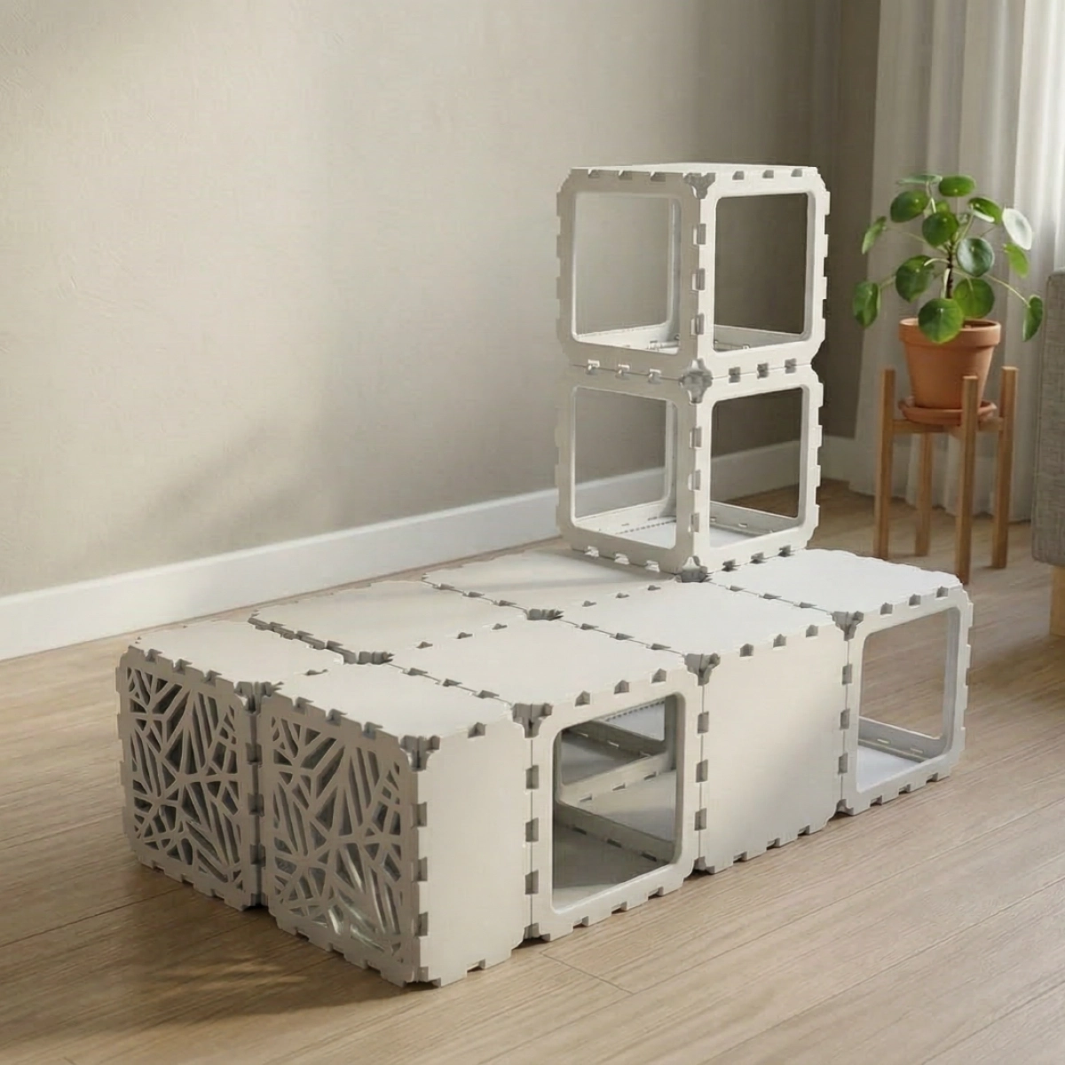 Cubik Modular Cat House with Tunnel and BION Windows, lattice faces for indoor cats, additional view