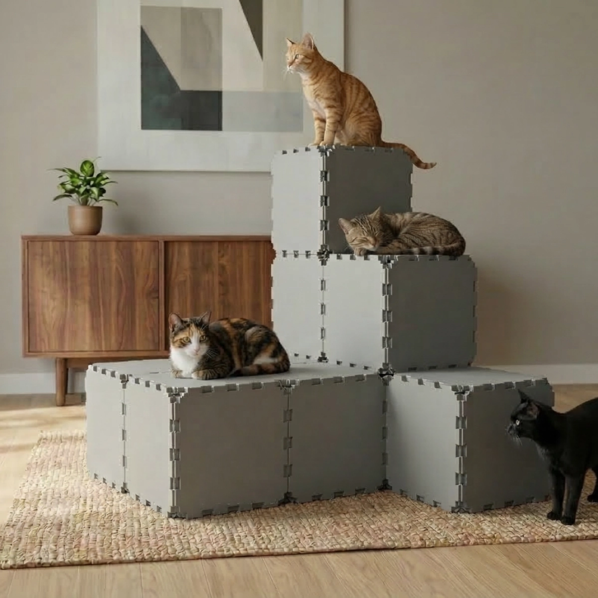 Cubik Minimalist Cat House with ZEN Panels, smooth faces for indoor cats
