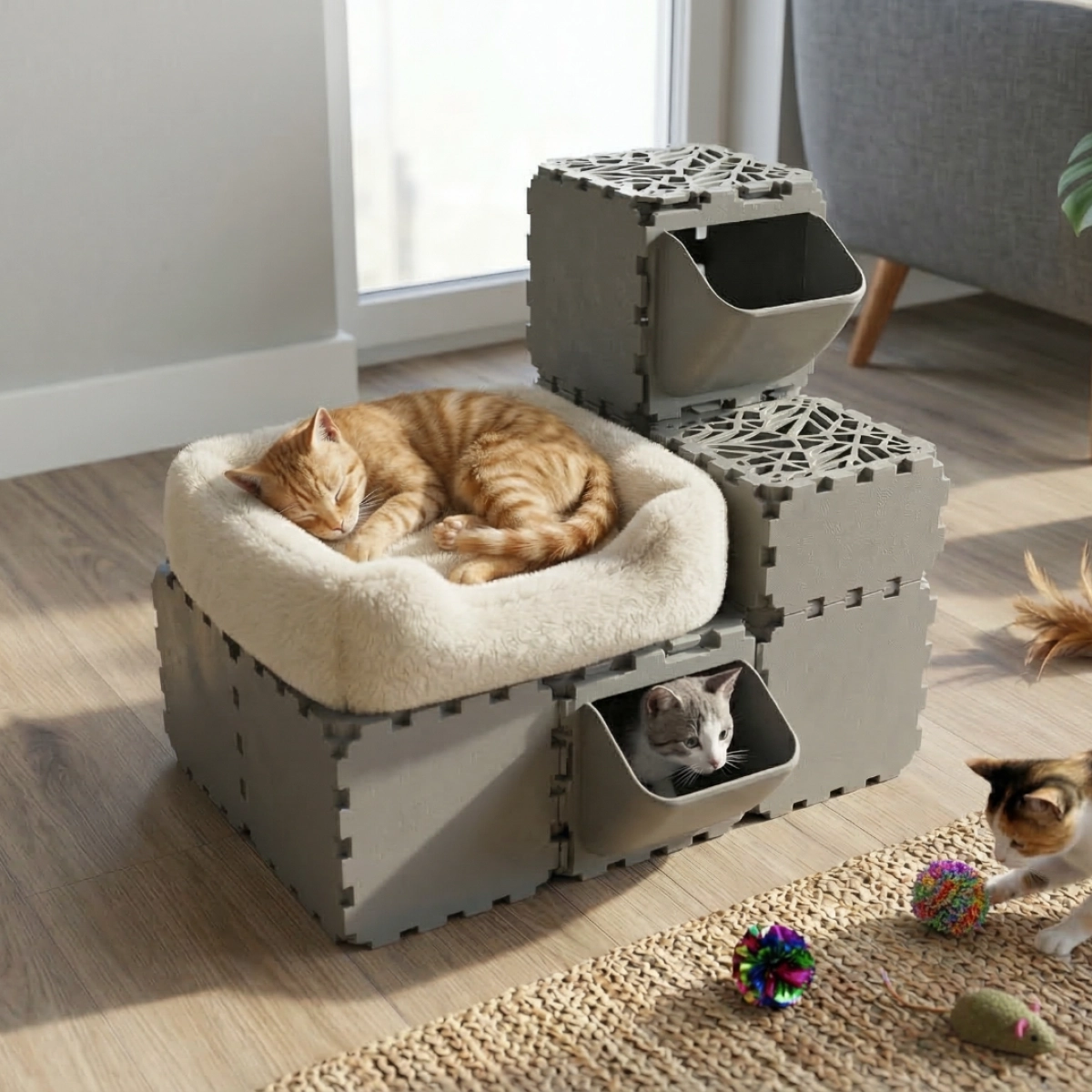 Cubik Modular Cat Play House with FLORA Entry planter panel for indoor cats, additional view