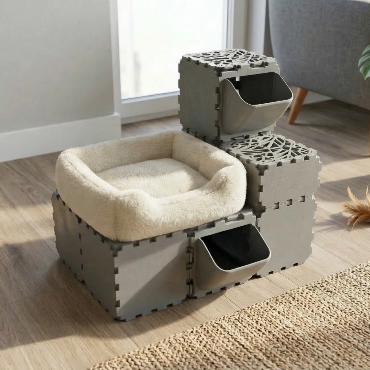 Cubik Modular Cat Play House with FLORA Entry planter panel for indoor cats, additional view