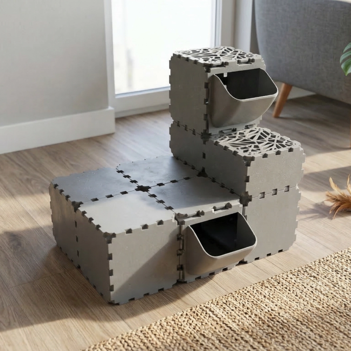 Cubik Modular Cat Play House with FLORA Entry planter panel for indoor cats, additional view