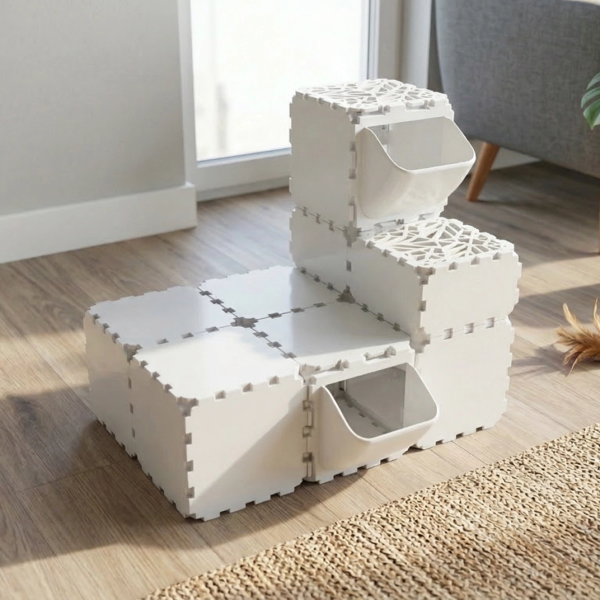Cubik Modular Cat Play House with FLORA Entry planter panel for indoor cats, additional view