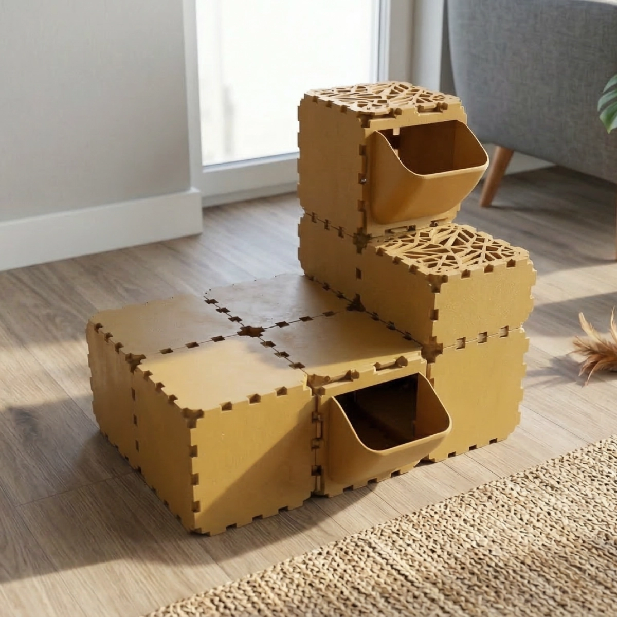 Cubik Modular Cat Play House with FLORA Entry planter panel for indoor cats, additional view