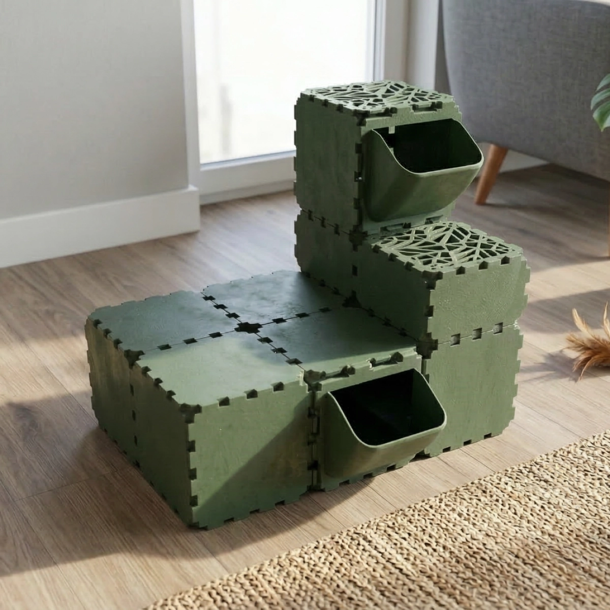 Cubik Modular Cat Play House with FLORA Entry planter panel for indoor cats, additional view