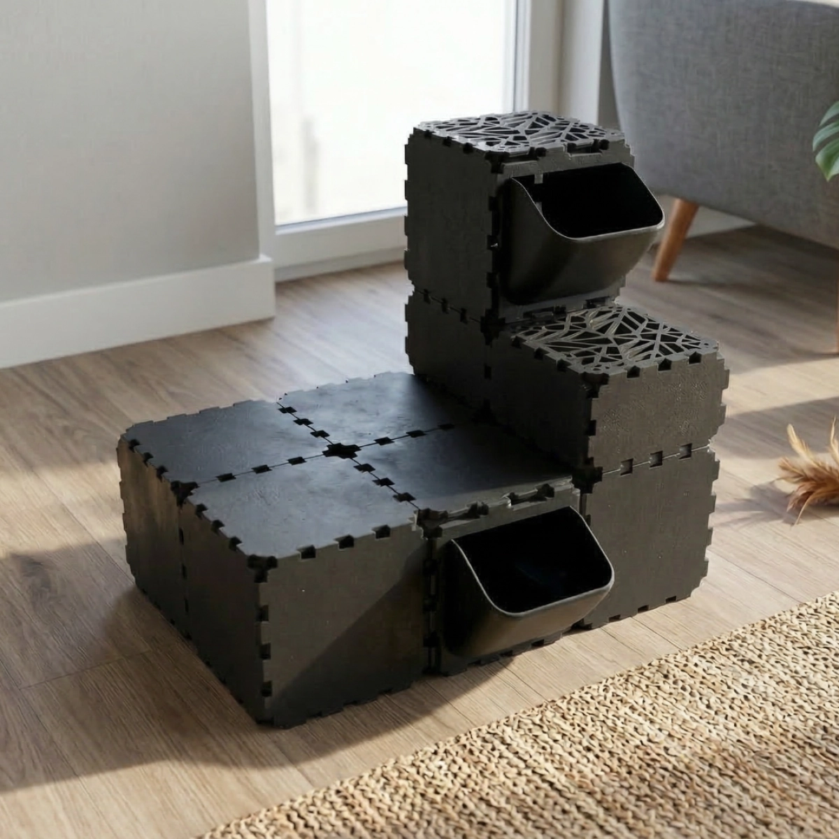 Cubik Modular Cat Play House with FLORA Entry planter panel for indoor cats, additional view