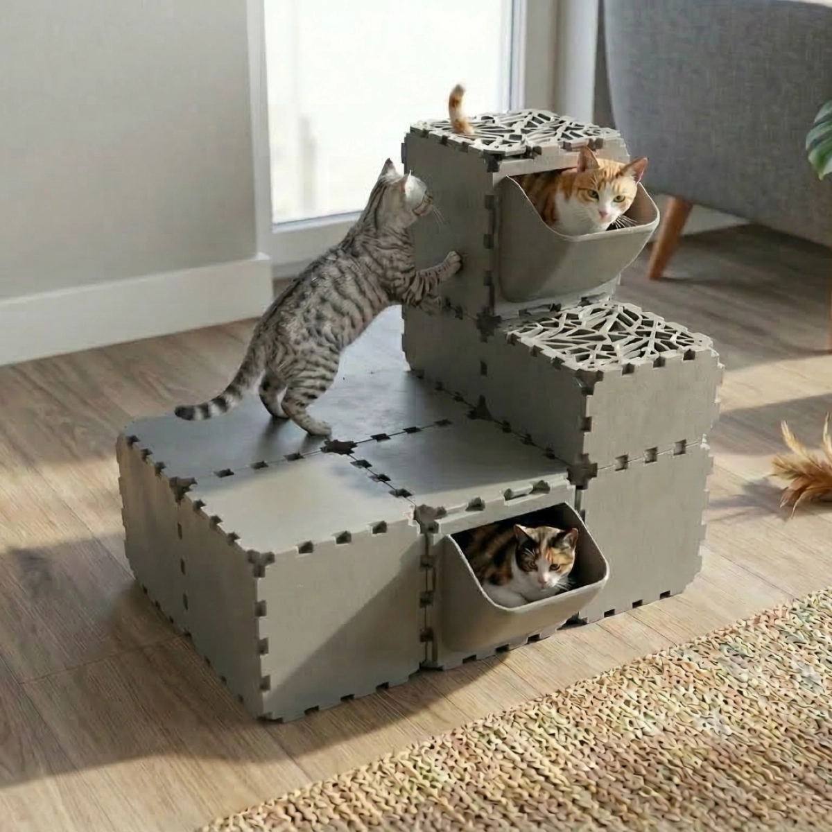 Cubik Modular Cat Play House with FLORA Entry planter panel for indoor cats