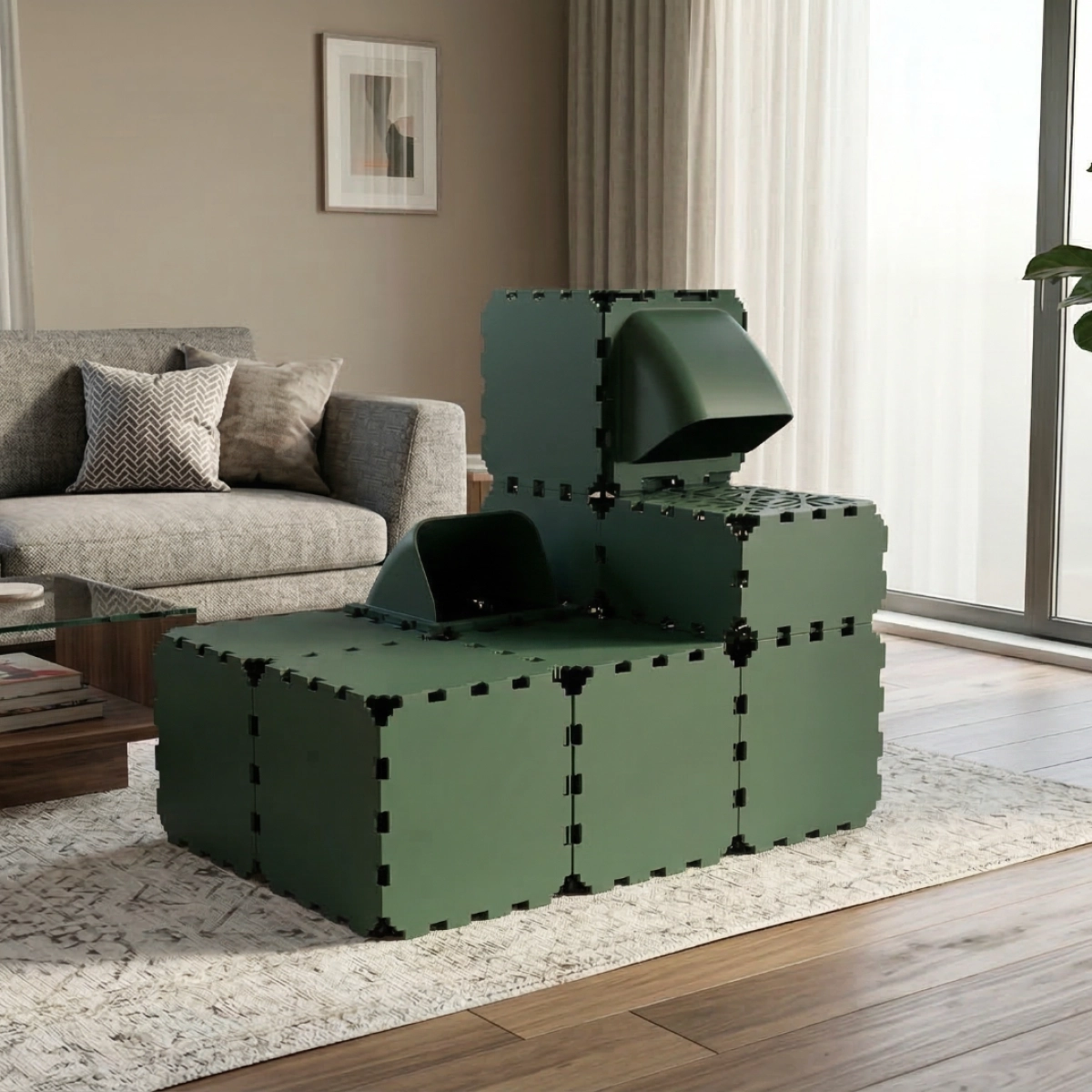 Cubik Modular Cat Play House with FLORA Entry V2 planter panel for indoor cats, additional view