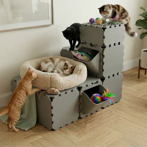 Cubik Modular Cat Play House with FLORA Entry V3 planter panel for indoor cats