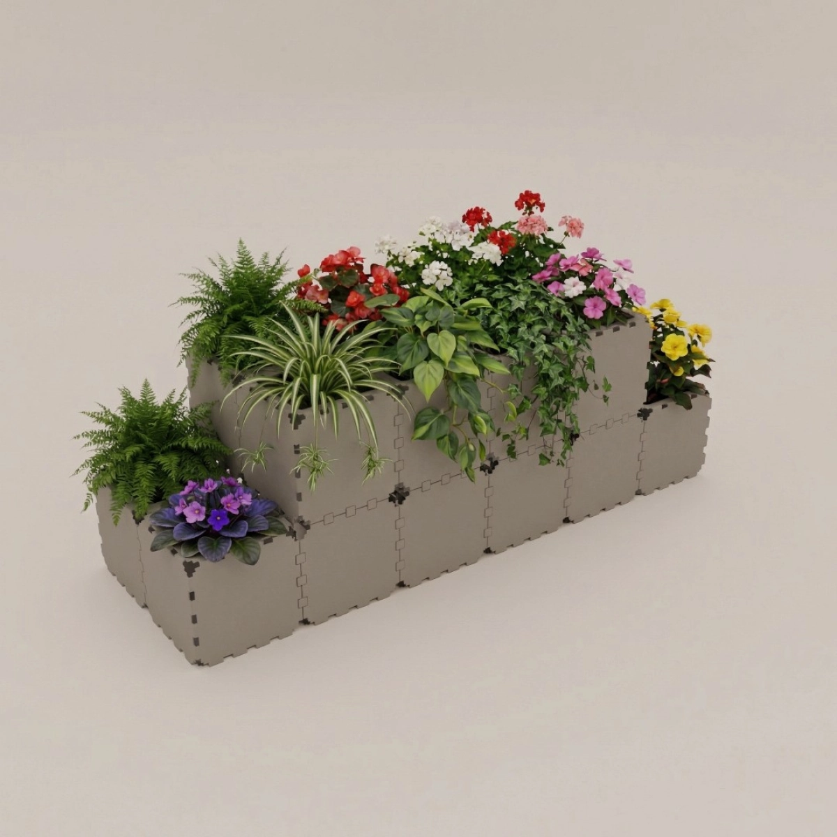 Grey Cubik modular tiered planter with mixed flowers, studio view