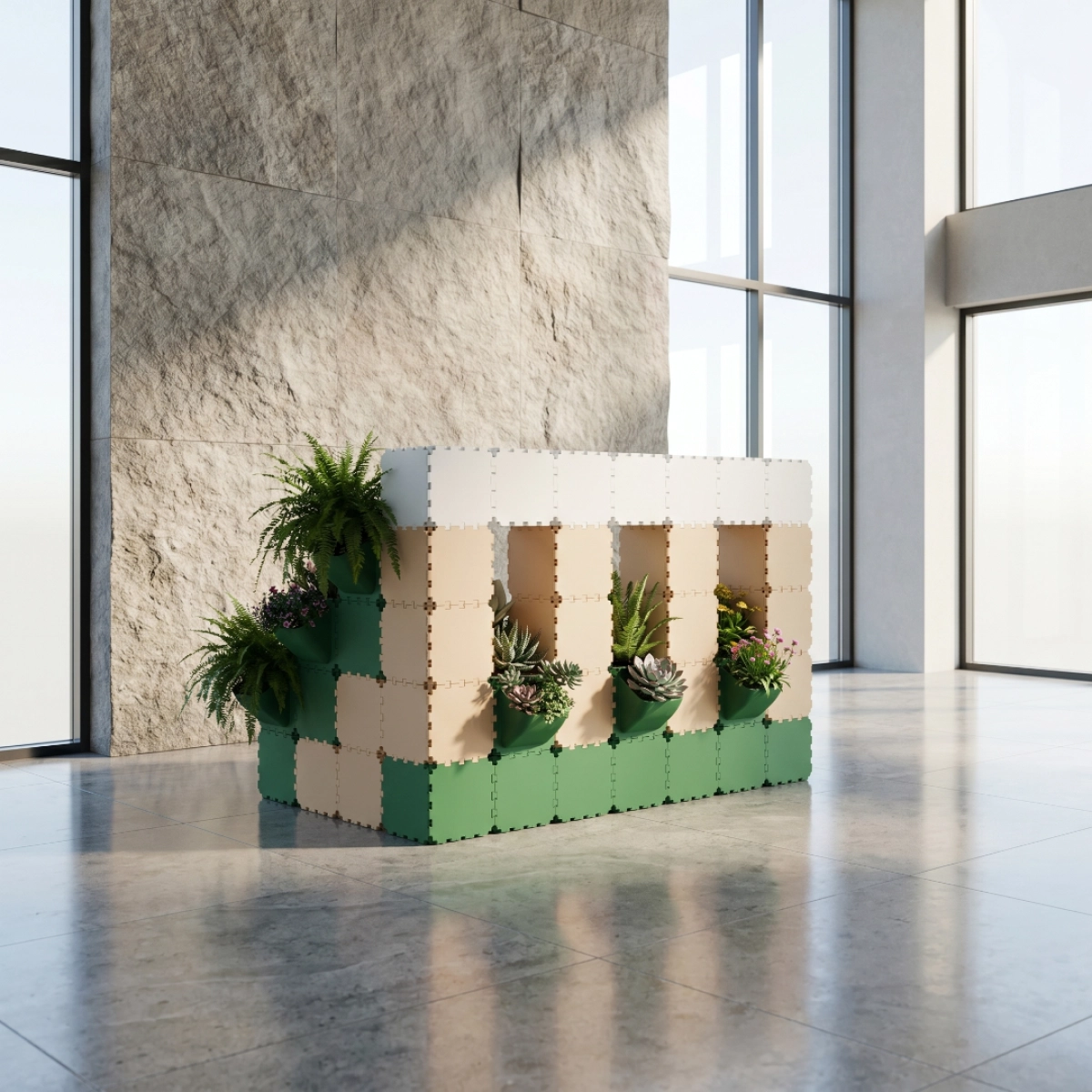 Cubik modular reception green wall, additional view