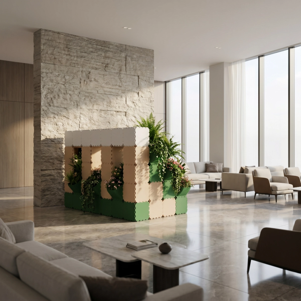 Cubik modular reception green wall, additional view